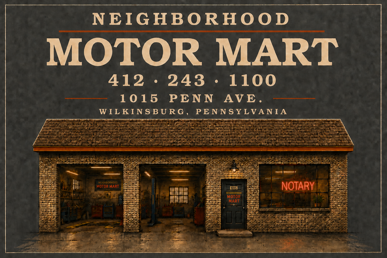 Neighborhood Motor Mart sign with phone number, address, and an illustration of the repair garage with a glowing Notary sign